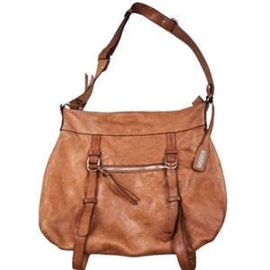 Abro Casual Tan Leather Shoulder Bag Italy Made Zipper Pockets Boho